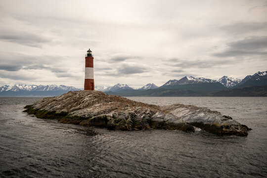 Faro Les &Eacute;claireurs, or lighthouse at the end of the world in the Beagle Channel near Ushuaia in Argentina.