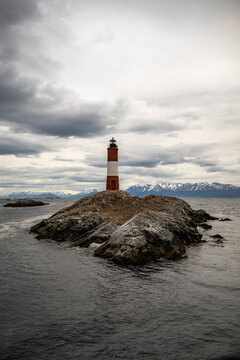 Faro Les &Eacute;claireurs, or lighthouse at the end of the world in the Beagle Channel near Ushuaia in Argentina.