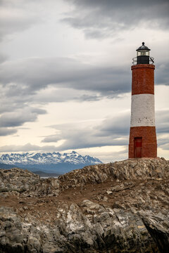 Faro Les &Eacute;claireurs, or lighthouse at the end of the world in the Beagle Channel near Ushuaia in Argentina.