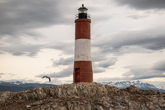 Faro Les &Eacute;claireurs, or lighthouse at the end of the world in the Beagle Channel near Ushuaia in Argentina.