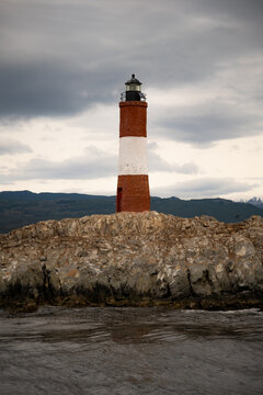 Faro Les &Eacute;claireurs, or lighthouse at the end of the world in the Beagle Channel near Ushuaia in Argentina.
