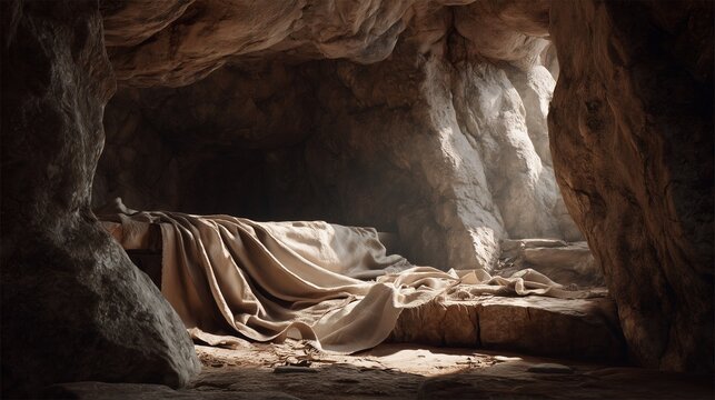 Dark interior of empty tomb cave with burial cloth on stone
