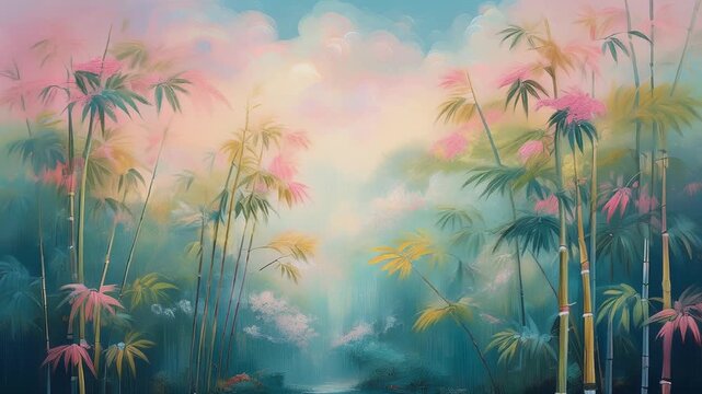 grunge floral background with colorful bamboo trees and flowers