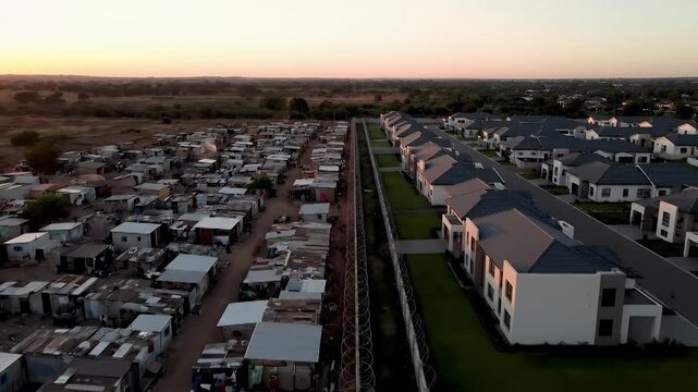Aerial view of segregated modern homes next to a shantytown