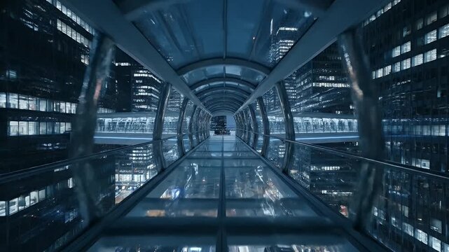 Futuristic Glass Tunnel Skywalk Between Urban Office Towers at Night