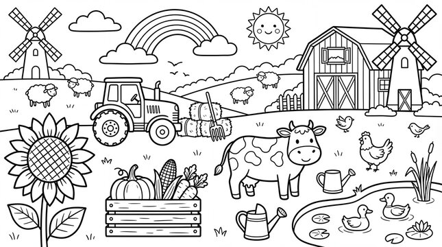 Line Art Handdrawn Countryside Farm Animals and Plants Coloring Page
