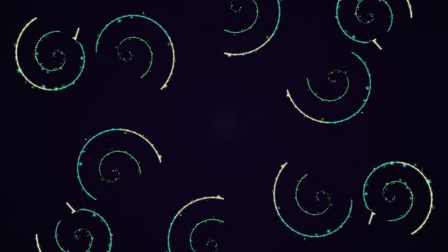 Dynamic Abstract Spirals Background with Rotating Dashed Lines. Digital Graphic Vortex Pattern on Dark Blue for Technology.