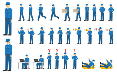 フラットイラスト：青い作業着とキャップを着た作業員セット(表情あり)