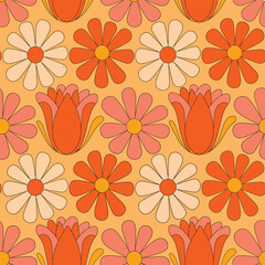 Obraz premium Retro floral pattern with orange and pink flowers vintage.