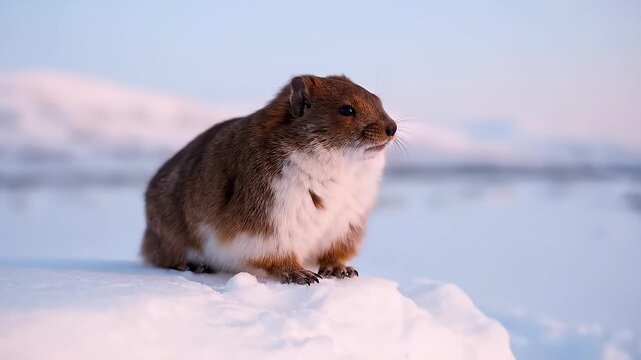Alert Lemming Sitting on Snow in Arctic Winter Landscape