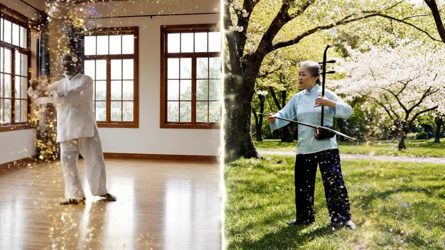 Elderly man practicing tai chi martial art indoors wooden floor with bright window, elderly woman playing erhu music instrument outdoors park with sunlight, cherry blossoms, energy connecting indoor