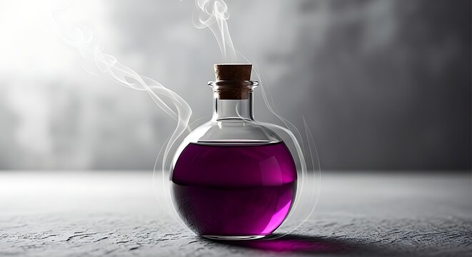 A magical purple potion in a round glass bottle emitting white smoke
