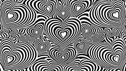 Obraz premium Monochrome striped hearts background, hypnotic vector pattern for love themed designs, visually striking backdrop for Valentine's Day greetings and declarations of affection in black and white.