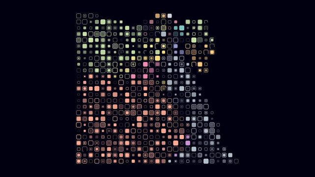 Egypt map animation. Shape of the country with pulsating colored dots. Large size rounded square blocks. Digital style Egypt map on dark background. Beautiful video.