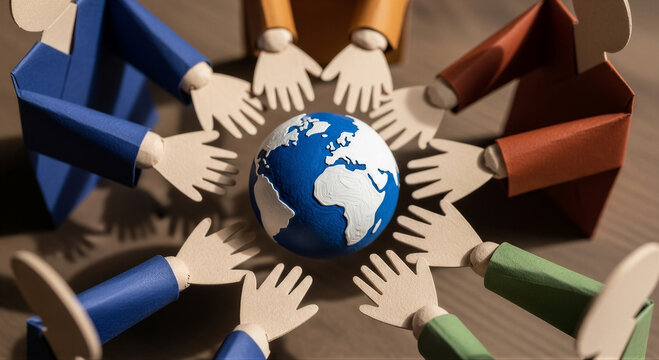 Paper cutout hands surrounding a globe symbolizing global unity and cooperation on a wooden table