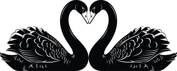 Black silhouette vector illustration of two elegant swans facing each other to form a heart shape for wedding romance love and anniversary design concepts © MstAnufa