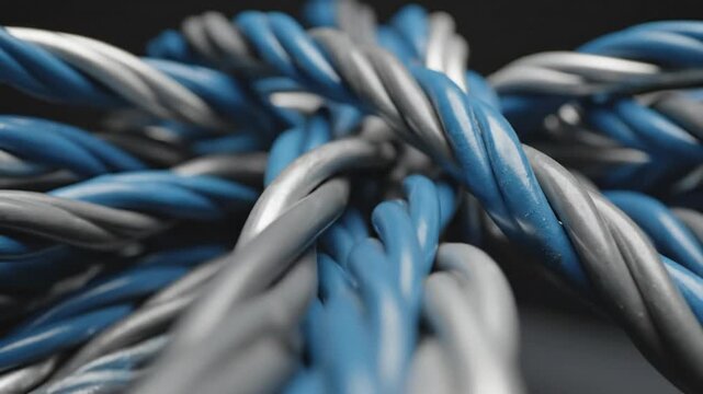 Close-up slow motion of blue and grey twisted wires interlaced against a dark background, textured cable