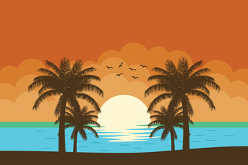 Fototapeta premium Tropical Beach Sunset with Palm Tree Silhouettes and Calm Ocean Illustration