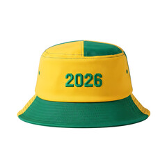 Fototapeta premium A stylish green and yellow bucket hat with the embroidered year 