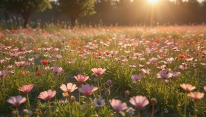 Delicate petals and soft sunlight create a peaceful atmosphere in a blooming flower meadow at sunset , flowers,  floral,  wildflowers