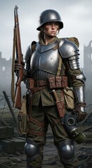 Obraz premium Female soldier equipped with historic looking metal armor stands ready in a desolate battleground