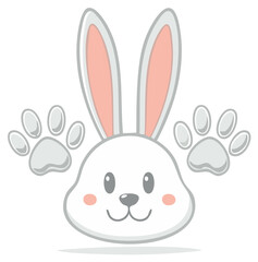 Obraz premium Cute cartoon white rabbit head with joyful smile and playful paw prints illustration