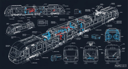 Detailed Blueprint Schematic of a Modern Train Engine. © milah