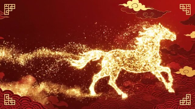 Golden glowing horse with traditional Chinese clouds and wave patterns on a vibrant red background.