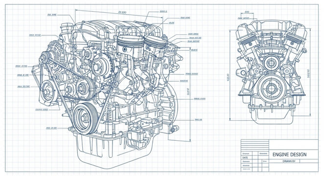 Detailed Blueprint of a Complex Engine Mechanism.