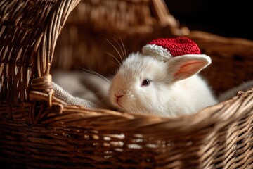 Cute White Rabbit with Red Santa Hat in Cozy Christmas Basket
