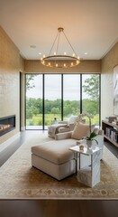 Fototapeta premium Luxurious indoor lounge area features modern furnishings and a panoramic view of a natural landscape