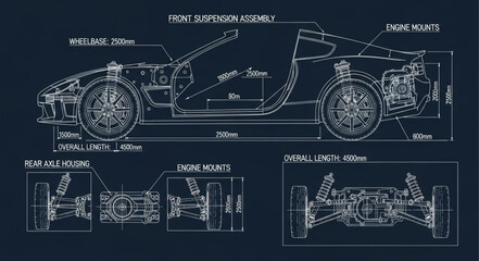 Detailed Blueprint Diagram of a Sports Car Chassis and Suspension System.