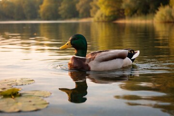 Wild mallard duck swimming calmly on a tranquil lake during early morning warm light, reflecting peaceful wildlife