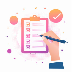 Trendy Halftone Collage Hand with pen and check list. Organized task processing. Project plan. Completed to do list banner.