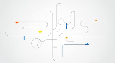 Abstract graphical representation features interconnected curved lines and small colorful markers on a light background