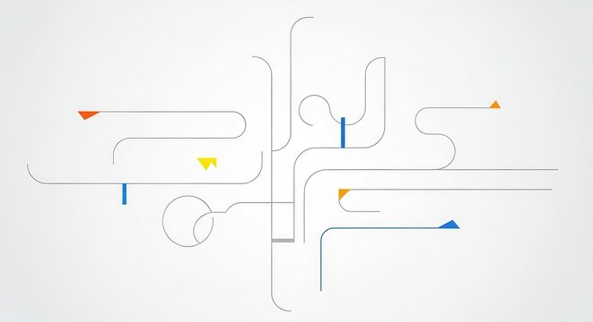 Abstract graphical representation features interconnected curved lines and small colorful markers on a light background