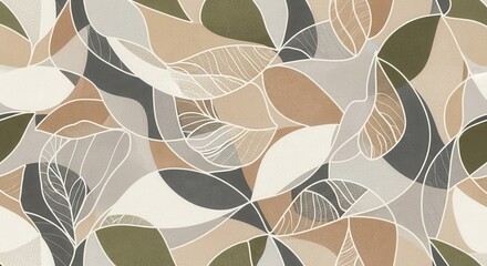 Seamless abstract pattern features overlapping organic shapes resembling foliage in muted earthy tones.