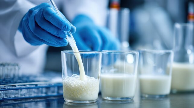 milk quality in laboratory glassware scientific on blurred background