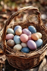 Pastel-colored Easter eggs nestled in woven basket, natural light emphasizing delicate surfaces and cozy seasonal celebration
