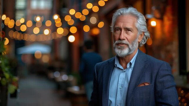 Senior businessman standing confidently on a glowing city street at night surrounded by urban lights and modern metropolitan atmosphere. Professional lifestyle concept featuring maturity, success, lea
