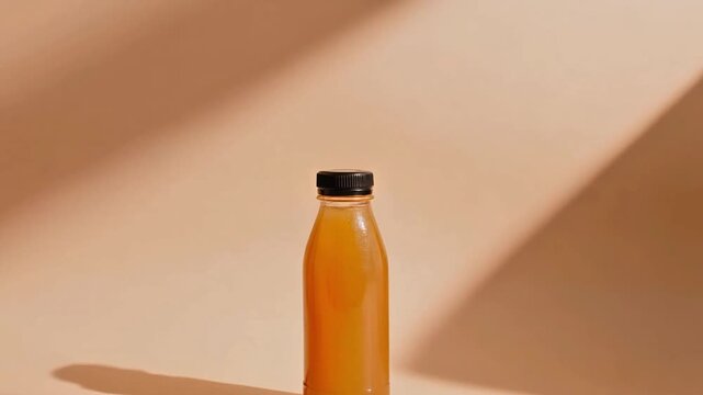 Organic juice bottle on a pastel background with soft daylight shadows. Minimalist commercial product cinematography.