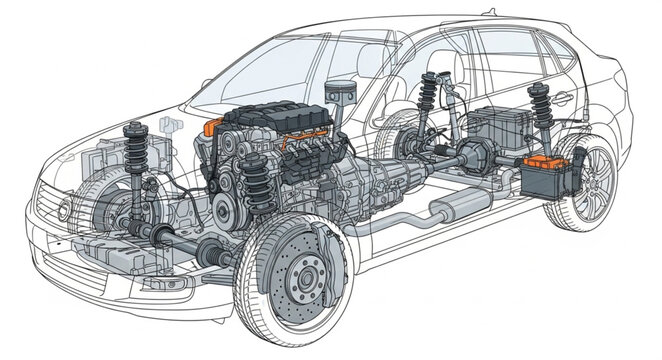 Detailed Car Engine and Chassis Mechanical Engineering Illustration.