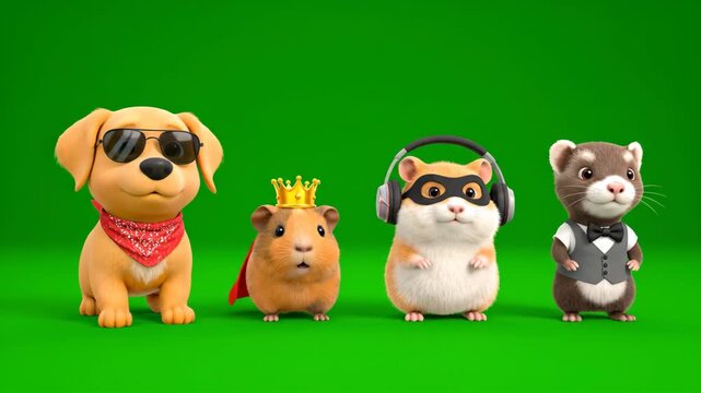 Cute 3D cartoon animals in costumes dancing on green screen