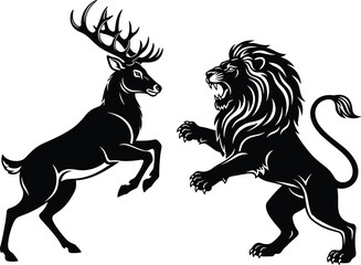Obraz premium Black silhouette vector set of a majestic lion and a noble deer stag in a heraldic confrontation isolated on white background for nature concepts