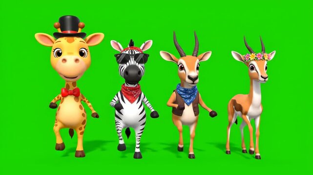 Cartoon animals perform synchronized dance on green screen