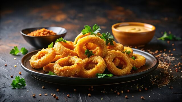 Aromatic Crispy Fried Onion Rings with Dipping Sauces on a Dark Plate