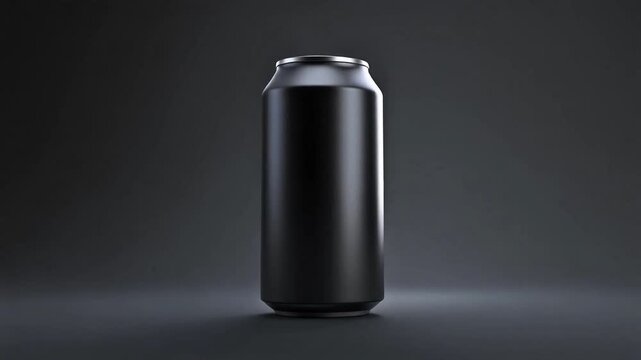 Sleek matte black energy drink can on a dark studio background, modern product packshot for premium branding.