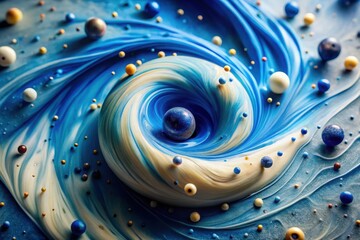 Abstract Whirlwind of Blue and Cream Hues Adorned with Scattered Spheres of Varied Sizes and Colors