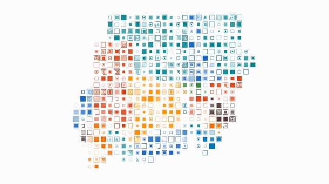 Sudan animation. Shape of the country with pulsating colored dots. Large size square blocks. Digital style Sudan map on white background. Vibrant video.