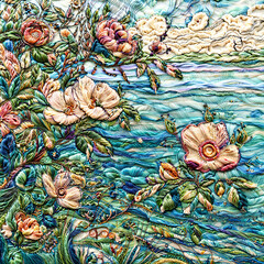 Fototapeta premium Lush Wild Rose Meadow in Teal Blue 3D Yarn Fantasy Tapestry
